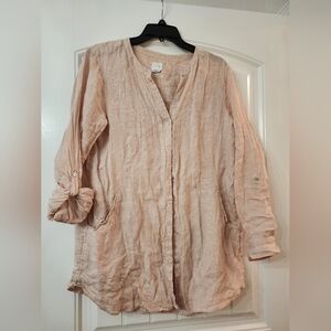 Sigrid Olsen 100% Linen Button Up Tunic Top Size LARGE Pink RollTab Pre-owned